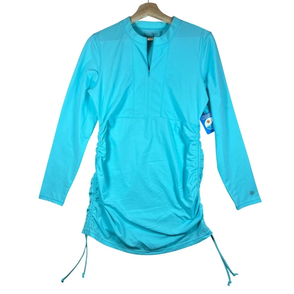 Athleta Swim Dress Rash Guard NWT Turquoise Cover Up UPF 50+ Ruched L - Picture 1 of 8